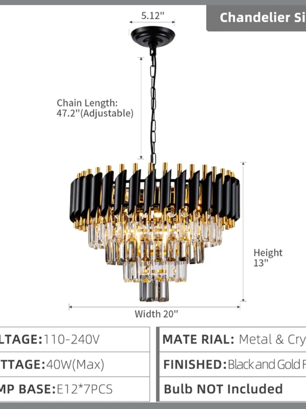 Black and Gold Crystal Chandelier Pendant Light by